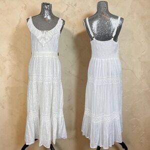 White Eyelet Lace Maxi Dress Sleeveless Tiered Cottagecore Boho Prairie Large